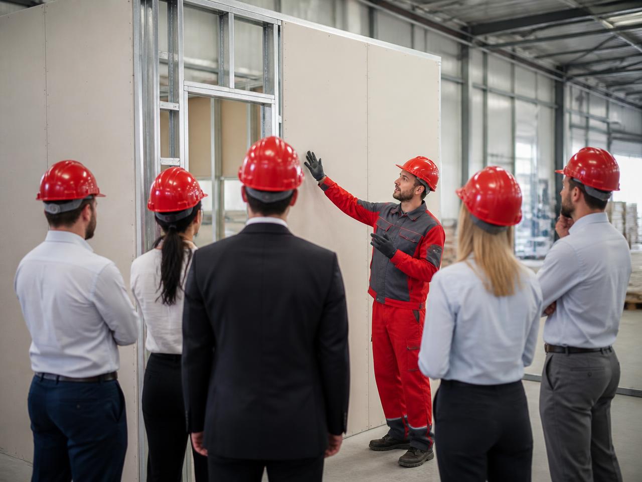 Instrutor GDSUL conduzindo treinamento de drywall e steel framing com profissionais